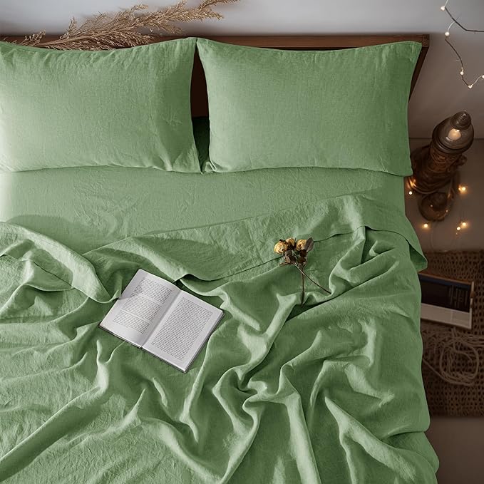 LBRO2M 100% Pure Linen Sheet Set Deep Pocket Up to 16" Bed Sheets Sets, Natural Flax Beddings Soft, Breathable, Comfortable for All Seasons 4 Pcs Sheet Set Full Size, Green