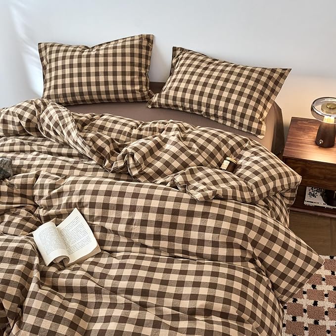 EAVD Vintage Style Brown&Beige Plaid Duvet Cover Set King Soft 100% Washed Cotton Like Linen Feel 3-Piece Checkered Gingham Duvet Cover with 2 Pillowcases Retro Buffalo Plaid Bedding Set with Zipper