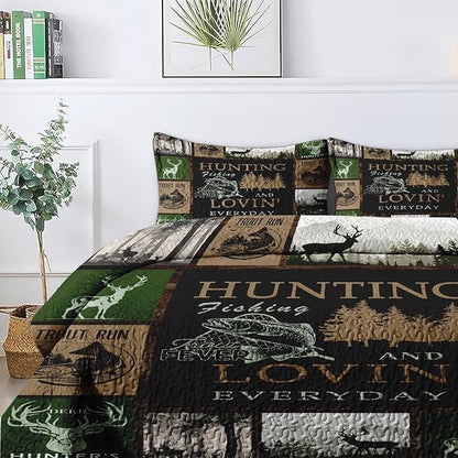 Quilt Set Full/Queen Size, Cabin Deer Animal Tree 3 Pcs Soft Bed Cover Bedding Set for Kids and Adults, Rustic Mountains Gray Lightweight Bedspread Coverlet with Pillow Sham for All Season