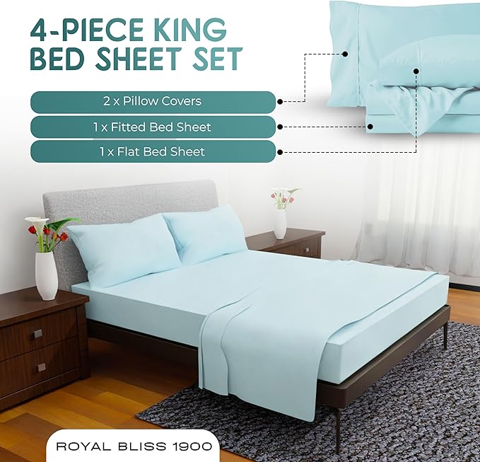 Royal Bliss King Size Sheets Set - 4 Piece Bedding - Wrinkle Free, Double Brushed, Cooling Bed Sheets - King Size (Aqua)