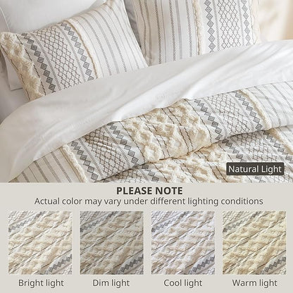 INK+IVY Imani 100% Cotton Duvet Mid Century Modern Design, All Season Comforter Cover Bedding Set, Matching Shams, Full/Queen, Ivory Chenille Tufted Accent 3 Piece