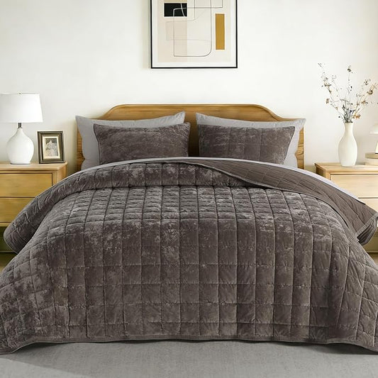 KASENTEX Greek Velvet Queen Quilt Set, 3× Softer Luxe Sheen, 100% Cotton Backing, 150GSM Down-Alternative Fill, Expanded 98×98" Coverage for Fuller Side Drape (1 Quilt + 2 Pillow Shams), Fossil
