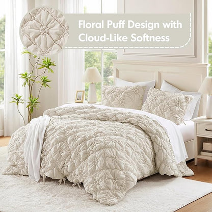 Intelligent Design King Comforter Set – Ivory Lily Puffy Floral Shabby Chic Boho Bedding Comforter Set, Pinch Pleat Bedding Sets, Ultra-Soft, Lightweight & All-Season, King/Cal K