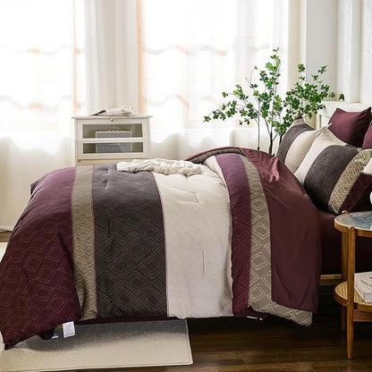 Dinjoy Boho Queen Comforter Set Burgundy,7 Piece Bed in a Bag Queen Size Warm Striped Dark Red Bedding Sets Plaid Fall Comforters Set with Sheets for Family All Season