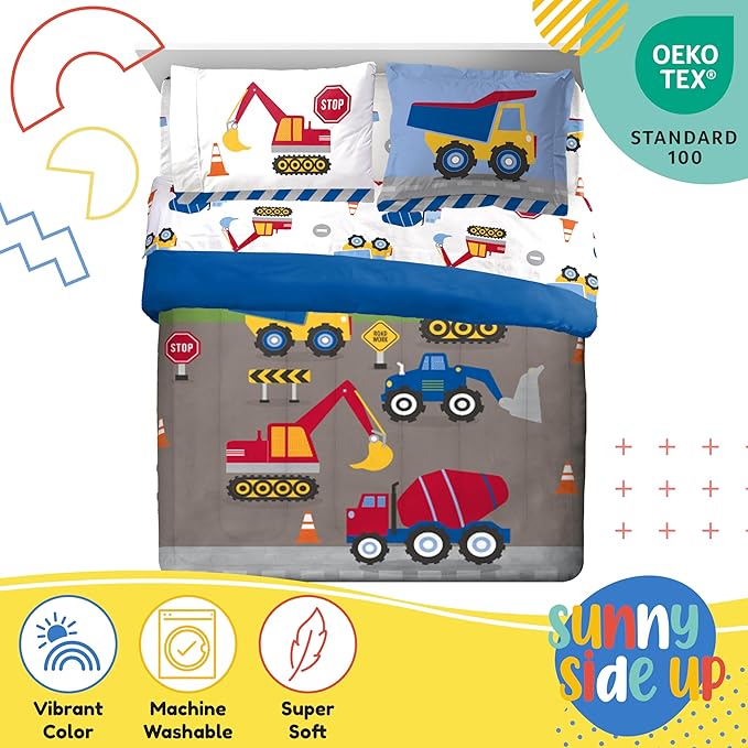 Sunny Side Up Construction Zone Full Comforter Set - 7 Piece Kids Bedding Includes Comforter, Sheets & Pillow Cover - Super Soft Vehicles Microfiber Bed Set