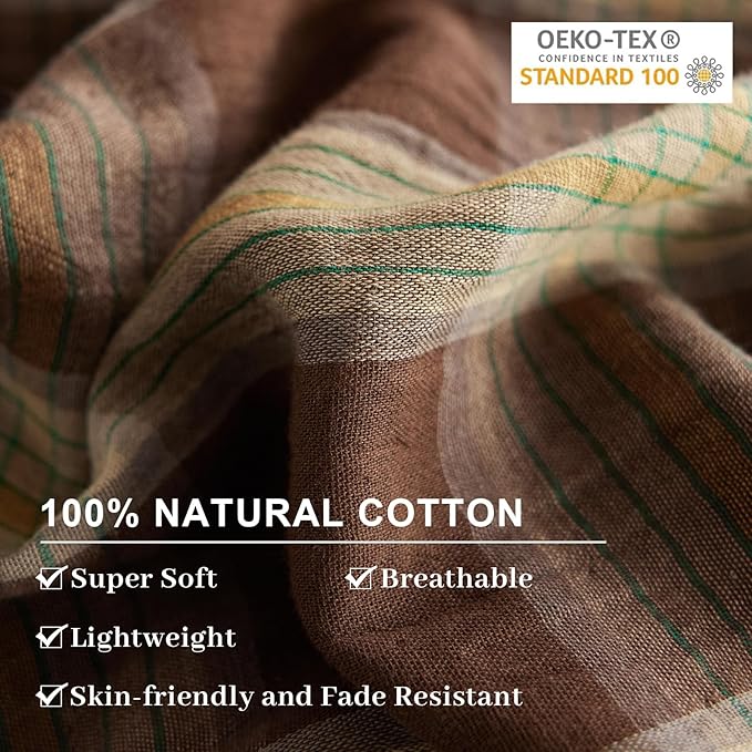 EAVD Vintage Yellow&Brown Plaid Duvet Cover Full Soft 100% Muslin Cotton Retro Grid Checkered Plaid Bedding Set with 2 Pillowcases Farmhouse Reversible Gingham Duvet Cover with Zipper Closure