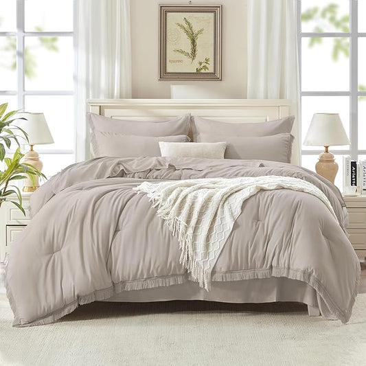 Andency King Size Comforter Set with Sheets Heather Grey - 7 Pieces Bed in a Bag Boho Soft Lightweight Bedding Sets, Tassel Bed Set with Comforter, Sheets, Pillowcases & Shams
