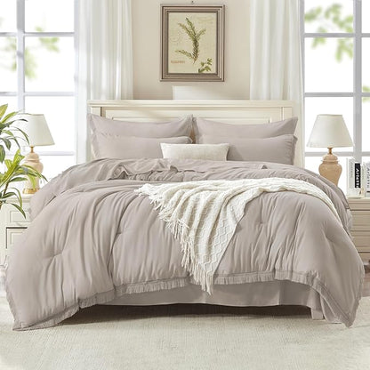 Andency Full Size Comforter Set Heather Grey -7 Pieces Boho Tassel Bed in a Bag Soft Lightweight Bedding Sets, Fringe All Season Bed Set with Comforter, Sheets, Pillowcases & Shams