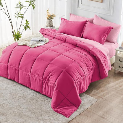 JOLLYVOGUE Twin XL Comforter Set, Ultra-Soft Bed in a Bag Twin XL Size 5 Pieces, Oeko-TEX Certified Bedding Set with Down Alternative Comforter, Sheets, Pillowcases & Shams, Hot Pink & Baby Pink