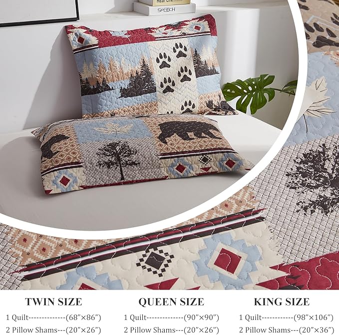 Ycosy Rustic King Size Quilt Set - Home Lodge Bedding Set with Plaid Quilts, Lightweight Reversible Bedspread Coverlet Wildlife Moose Pine Tree Bedding, and 2 Pillow Shams Decor