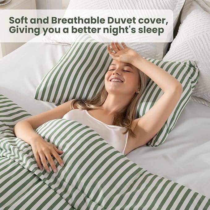 ROSE&RISY Green Queen Duvet Cover Set, 3 Pieces Soft Bedding Queen Set, Breathable and Cooling,Includes 1 Duvet Cover, 2 Pillow Cases(Green Stripe, Queen)