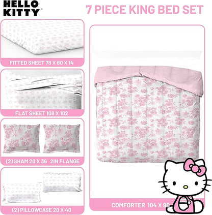 Jay Franco Comforter Set Includes Sheets and Pillow Covers - Soft and Cozy Bed Set for Stylish Room Decor, Official Licensed Bedding, Multi - Hello Kitty, 7 Piece King