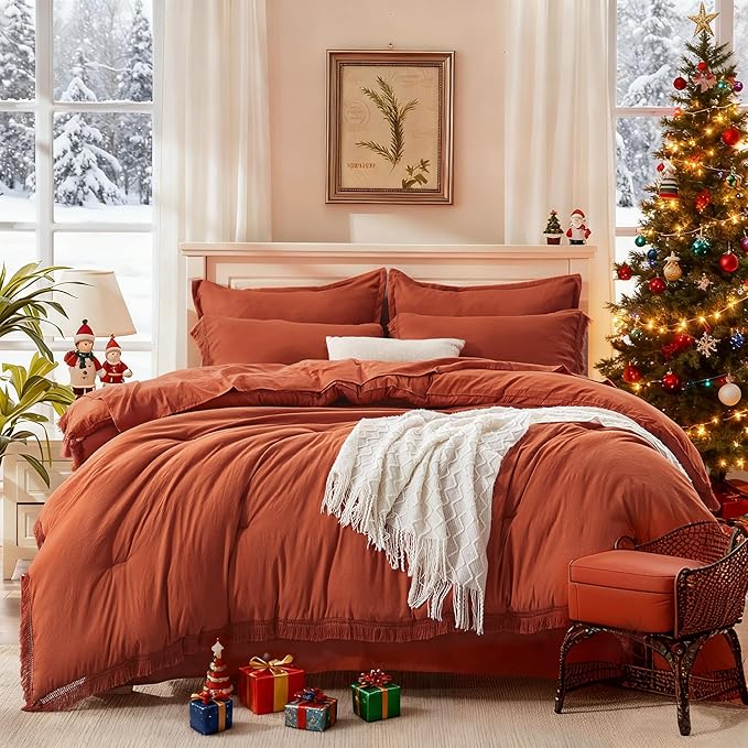 Andency California King Size Comforter Set with Sheets Brunt Orange - 7 Pieces Cal King Bed in a Bag Boho Bedding Sets, Terracotta Rust Bed Set with Comforter, Sheets, Pillowcases & Shams
