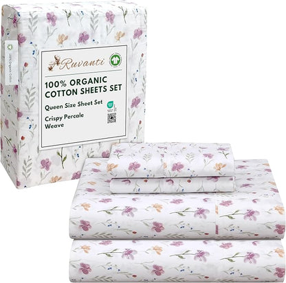 RUVANTI 100% Organic Cotton Sheets Queen Size, Percale Weave, GOTS Certified, 4-Piece Set, Deep Pocket 15", Crisp & Breathable, Soft Durable Bedding, Sábanas Algodón Orgánico – Obsessed Stems