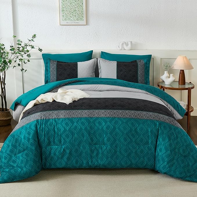 Dinjoy Teal Blue King Size Comforter Set,Striped Boho Bed in a Bag King 7 Pieces Soft Fall Bedding Comforters Sets wiht Sheets Microfiber Complete Bed Sets for All Season