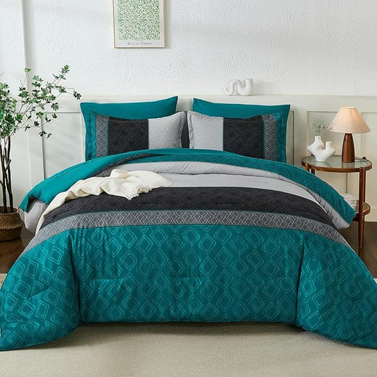 Dinjoy Boho Queen Comforter Set Teal Blue,7 Piece Bed in a Bag Queen Size Warm Striped Bedding Sets Dark Teal Plaid Fall Comforters Set with Sheets for Family All Season