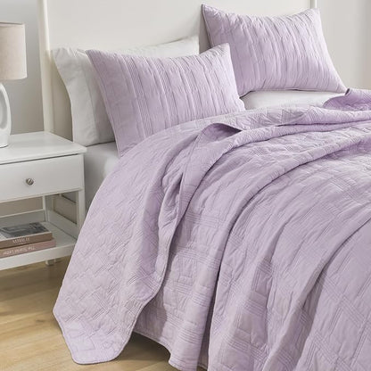 HORIMOTE HOME 100% Cotton Quilt Set King Size, Lavender Pre-Washed 3-Piece Bedspread Coverlet Set, Cozy Lightweight Stitching Decorative Bedding Cover with 2 Shams in Geometric Pattern for All Season