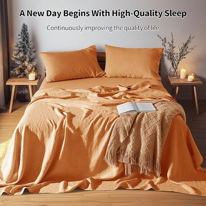 LBRO2M 100% Pure Linen Sheet Set Deep Pocket Up to 16" Bed Sheets Sets, Natural Flax Beddings Soft, Breathable, Comfortable for All Seasons 4 Pcs Sheet Set King Size, Orange