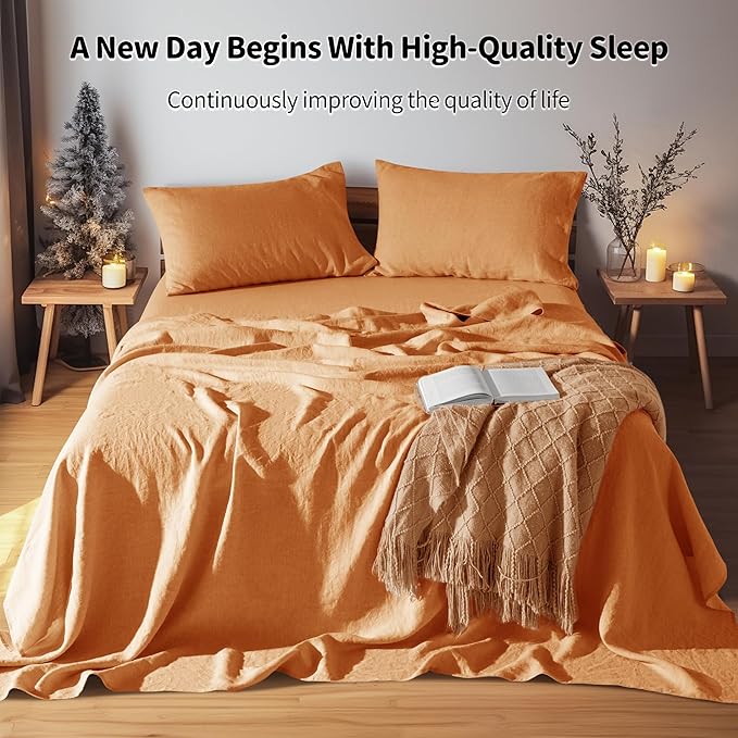 LBRO2M 100% Pure Linen Sheet Set Deep Pocket Up to 16" Bed Sheets Sets, Natural Flax Beddings Soft, Breathable, Comfortable for All Seasons 4 Pcs Sheet Set Queen Size, Orange