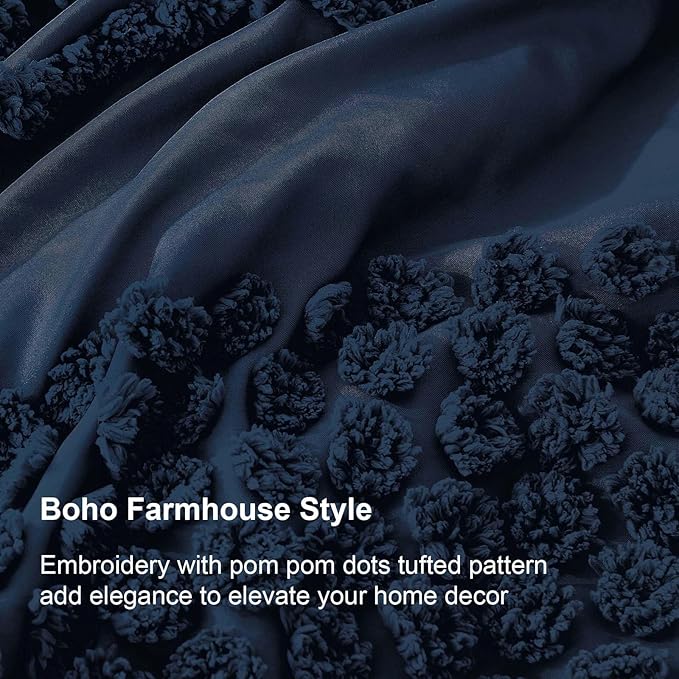 Luxudecor Navy Blue Boho Tufted Comforter Set Full Size 3 Pieces Boho Shabby Chic Comforter Farmhouse Embroidery Bedding Set Soft Comforter for All Seasons (Navy Blue, 80''x90'')