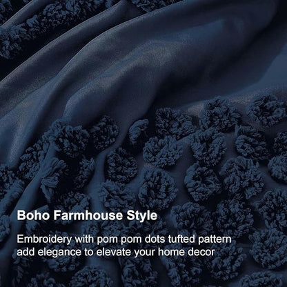 Luxudecor Navy Blue Boho Tufted Comforter Set Full Size 3 Pieces Boho Shabby Chic Comforter Farmhouse Embroidery Bedding Set Soft Comforter for All Seasons (Navy Blue, 80''x90'')