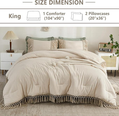 Andency King Size Comforter Set Beige, 3 Pieces Boho Tassel Lightweight Soft Bedding Comforter Sets for King Bed, All Season Fluffy Bed Set (104x90In Comforter & 2 Pillowcases)