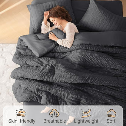 MUXHOMO 7 Pieces California King Comforter Set, Seersucker Bed in a Bag Cal King Size, All Season Luxury Bedding Set with Comforter, Flat Sheet, Fitted Sheet, Pillowcases & Shams, Dark Grey