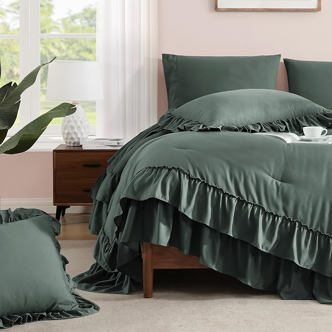 Queen Comforter Set Forest Green, Ruffle Shabby Chic Bedding Set Farmhouse 7 Pieces, All Season Fluffy Bed in a Bag with Sheets, Pillowcases & Shams