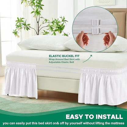 Biscaynebay Wrap Around Bed Skirts for Full & Full XL Beds 16" Drop, White Adjustable Elastic Dust Ruffles Easy Fit Wrinkle & Fade Resistant Silky Luxurious Fabric Solid Machine Washable