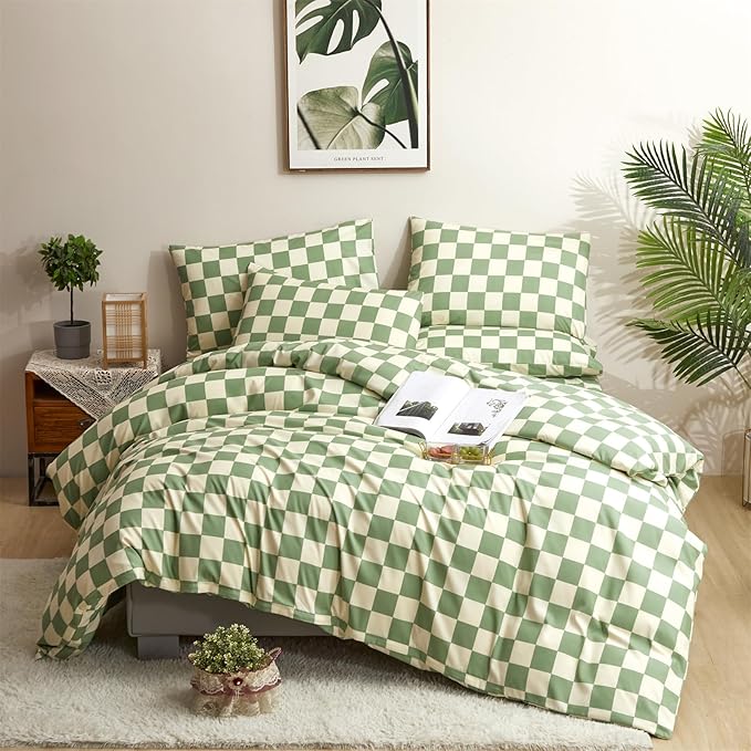 CLOTHKNOW Green White Grid Full Size Comforter Sets Plaid Bedding Comforter Sets Soft Checker Geometric Comforter with 2 x Pillow Cases
