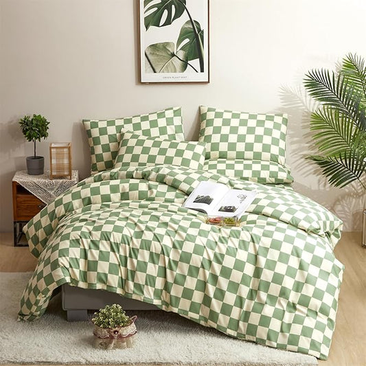 CLOTHKNOW Green White Plaid Twin/Twin XL Comforter Set 3Pcs Grid Bedding Comforter Sets Buffalo Checnker Comforter Soft Green White Comforter Sets
