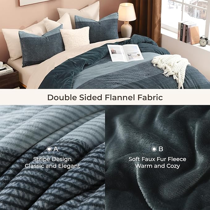 Litanika Fluffy Fleece Queen Comforter Set, Luxury Soft Plush Fuzzy Haze Blue Stripe Bedding Comforter Sets, Warm Shaggy Faux Fur Bed Set All Season (1 Comforter, 2 Pillowcases)