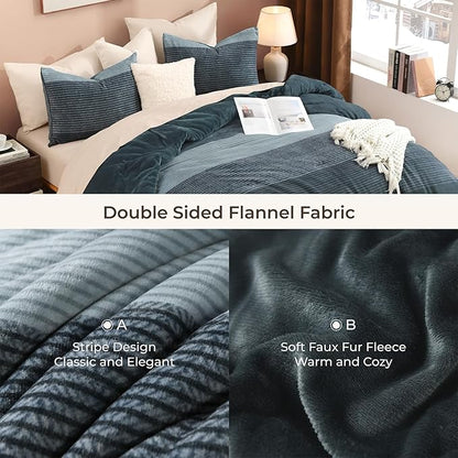 Litanika Fluffy Fleece Twin Comforter Set, Luxury Soft Plush Fuzzy Haze Blue Stripe Bedding Comforter Sets, Warm Shaggy Faux Fur Bed Set All Season (1 Comforter, 1 Pillowcase)
