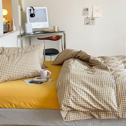 mixinni Yellow/Purple Gingham Comforter Set King, Plaid Comforter Set 3 Pieces 1 Vintage Grid Comfoter with 2 Pillow Cases for All Seasons, Soft Fluffy Modern Grid Pattern Printed Bedding-King Size