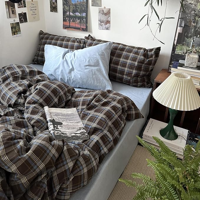 mixinni Vintage Brown & Blue Buffalo Plaid Duvet Cover Set Twin XL Size - 3 Piece Washed Cotton Bedding Set with Grid Pattern, Soft & Breathable Duvet Cover with Pillowcases for Boys, Men& Women