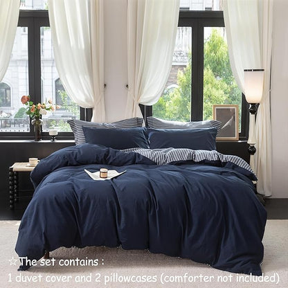 Reversible Duvet Cover Set 100% Washed Cotton Blue Stripe Linen Feel Duvet Cover Oversized Queen Size with Zipper Closure & 2 Pillow Shams,Navy/White Stripe Reverse Solid Navy
