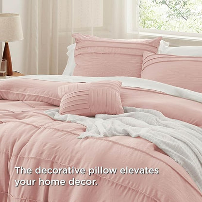 Bedsure Twin Comforter Set - 3 Pieces Pinch Pleat Bed Set, Light Pink Boho Bedding for All Season, 1 Soft Comforter, 1 Pillowcase, 1 Decorative Pillow