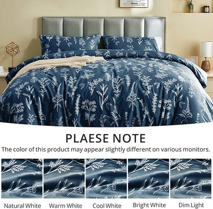 MUXHOMO Duvet Cover Full Size, Reversible Floral Navy Duvet Cover Set with Zipper Closure, 3 Pieces Botanical Patterns Soft Microfiber Bedding Set with 4 Ties (80"x90", 2 Pillow Cases)