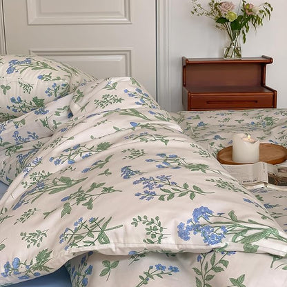 Vintage Queen Comforter Set Blue Floral Bedding Comforter Set Queen for Girl Women White Comforter Sets with Green Botanical Coquette Aesthetic Bedding Comforter Sets,1 Comforter and 2 Pillowcases