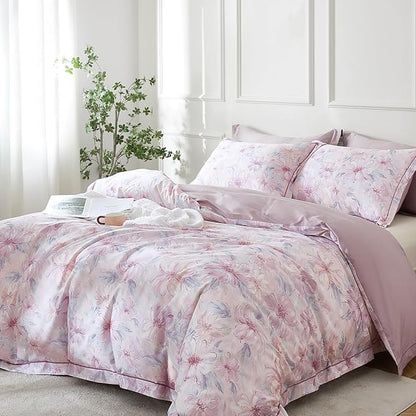 OAITE Duvet Cover Set King Size Floral Pattern 600 Thread Count Ultra Soft 100% Long Staple Cotton Duvet Cover Sets 3-PC, Breathable Duvet Cover with Zipper Closure & Corner Ties