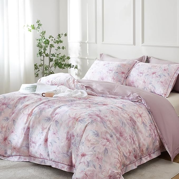 OAITE Duvet Cover Set Queen Size Floral Pattern 600 Thread Count Ultra Soft 100% Long Staple Cotton Duvet Cover Sets 3-PC, Breathable Duvet Cover with Zipper Closure & Corner Ties