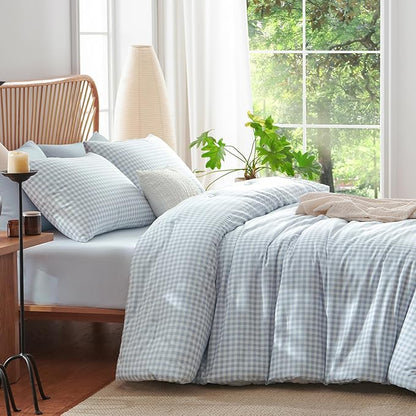 Nayoroom Gingham Comforter Set Queen Size Blue Plaid Checkered Comforter 3 Pieces Soft Lightweight Grid Dorm Bedding Set for All Seasons (1 Comforter, 2 Pillowcases)