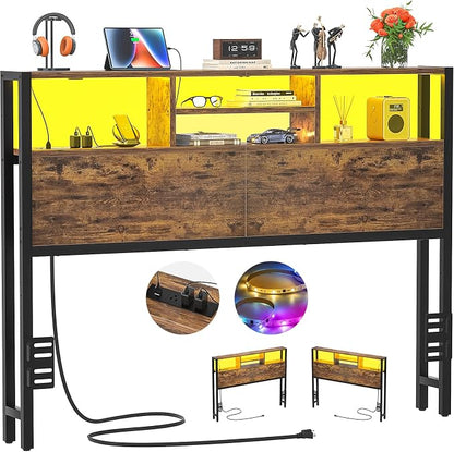 Aheaplus Headboard for Full Size Bed with Storage, Headboards with Outlets | Full Size Head Board Only, USB Ports and LED Light, Height Adjustable, Reversible, Sturdy & Stable Headboard, Rustic Brown