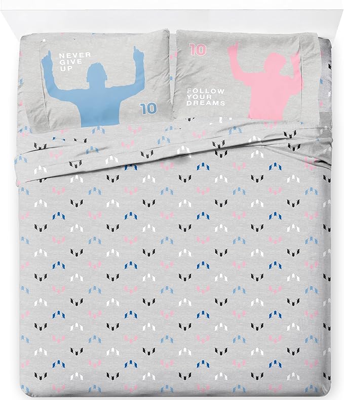 Jay Franco Kids Sheet Set with Fitted, Flat Sheets & Pillow Cover - Ultra-Soft Bedding with Pillowcase for Room Decor, Grey - Messi, 4 Piece Queen