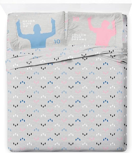 Jay Franco Kids Sheet Set with Fitted, Flat Sheets & Pillow Cover - Ultra-Soft Bedding with Pillowcase for Room Decor, Grey - Messi, 4 Piece Queen