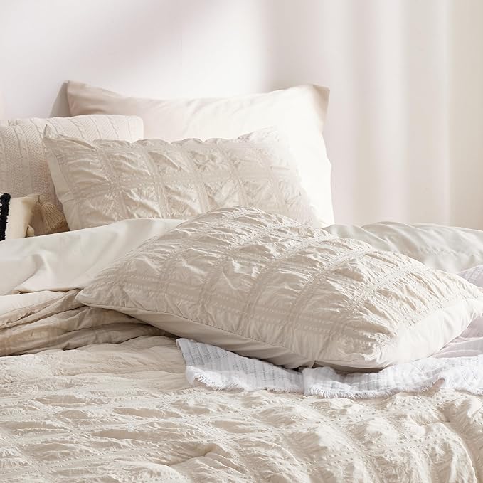 Bedsure Bed in a Bag Twin - 5 Pieces Plaid Seersucker Bedding Comforter Sets, Soft Lightweight Beige Boho Bed Set with Comforters Twin Size, Sheets, Pillowcase & Sham