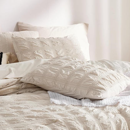 Bedsure Bed in a Bag Full - 7 Pieces Plaid Seersucker Bedding Comforter Sets, Soft Lightweight Beige Boho Bed Set with Comforters Full Size, Sheets, Pillowcases & Shams