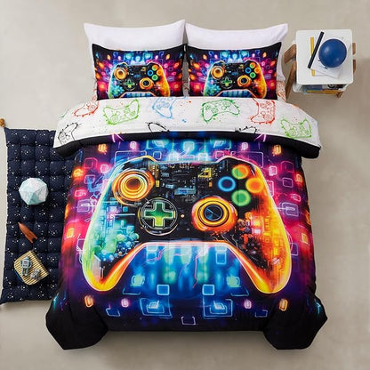 A Nice Night 5PC Game Console Comforter Set for Boys Girls Kids,Space Universe Gaming Like Rhythmic Music Style Lightweight Gamer Bedding,Full