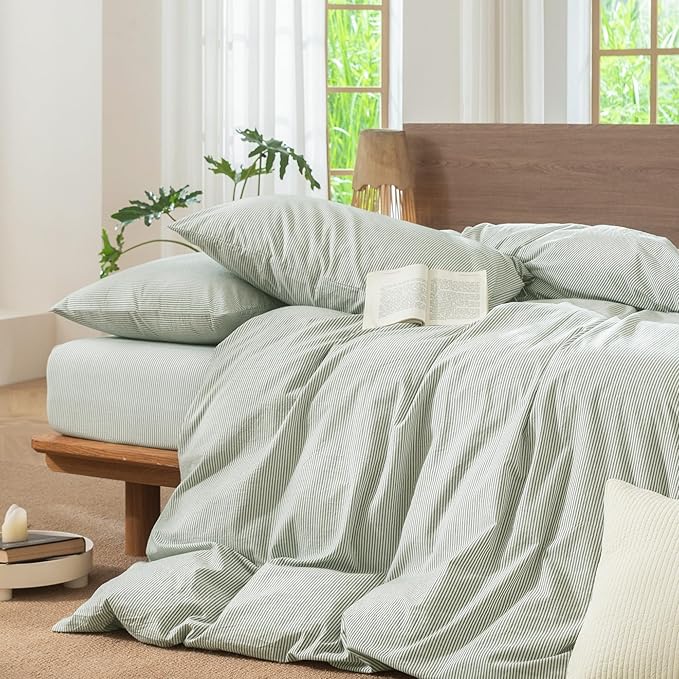 MooMee Striped Duvet Cover Set 100% Washed Cotton Linen Like Textured Breathable Durable Soft Comfy (Sage Green White Pinstripes, Palatial King/Oversized King 120"x98")