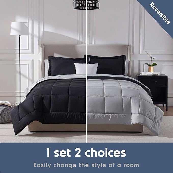 Nestl 7 Piece King Comforter Set – Black Reversible Bed in a Bag – Complete King Size Bedding Set with Sheets, Pillowcases and Shams